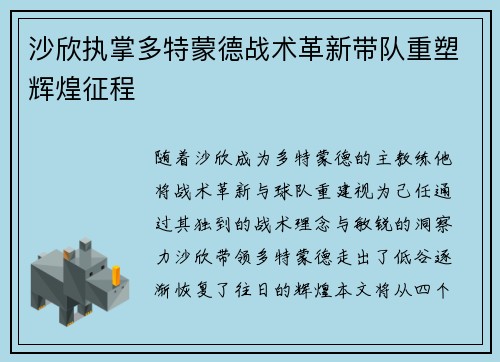 沙欣执掌多特蒙德战术革新带队重塑辉煌征程 沙欣执掌多特蒙德战术革新带队重塑辉煌征程